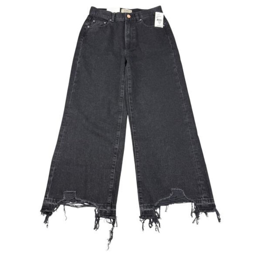 DL1961 Hepburn Wide Leg Distressed High Rise Jean Raw Hem 24 Lark Washed Black - Picture 3 of 10